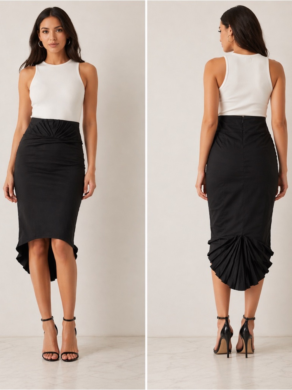 Marciano Black Sculptural Pleated High-Low‎ Pencil Skirt Size 6